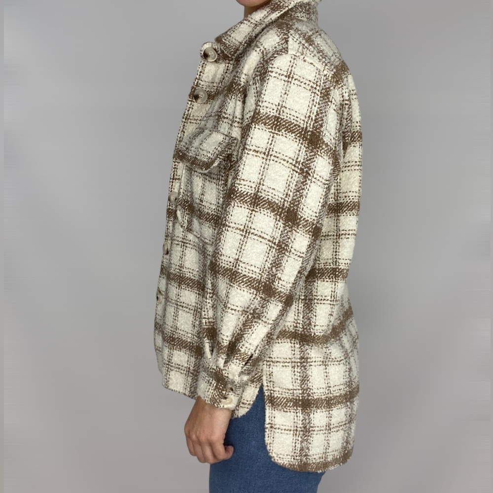 12TH TRIBE Beige Plaid Textured Collared Button Down Trench Jacket Coat Sz S - Picture 3 of 6